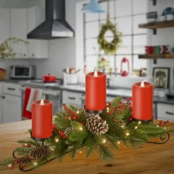 Christmas Greenery-National Tree Company 30" Battery Operated Bristle Berry Centerpiece With Three Candles