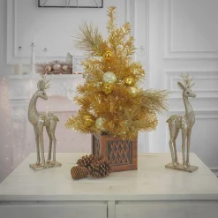 Warm White Led-National Tree Company 36" Christmas Be Merry Decorated Gold Table Top Tree In Pot, 35 Warm White Led Lights- Battery Operated With Remote Control