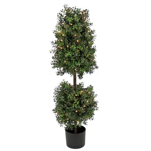 Topiaries / Shurbs-National Tree Company 4 Ft. Pre-Lit Boxwood Cone And Ball Topiary In Black Nursery Pot