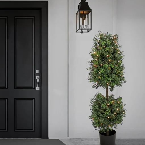 Topiaries / Shurbs-National Tree Company 4 Ft. Pre-Lit Boxwood Cone And Ball Topiary In Black Nursery Pot