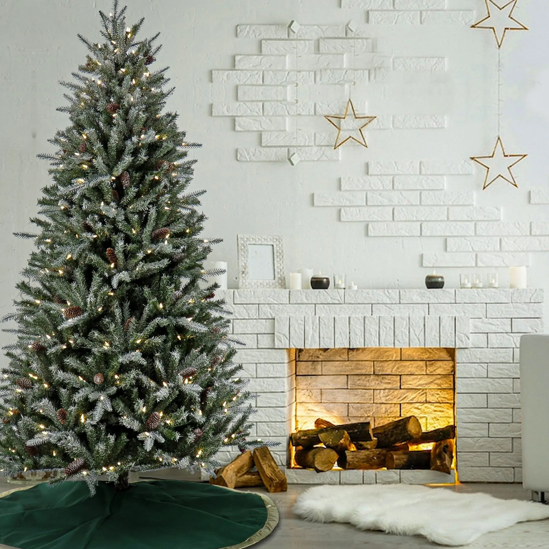 7Ft - 9Ft-National Tree Company 7 Ft Pre-Lit Snowy Olallie Pine Tree With Led Lights