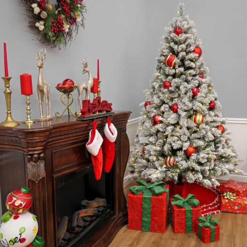 Warm White Led-National Tree Company 7.5 Ft. Pre-Lit Snowy Silver Hill Pine Tree With Led Lights
