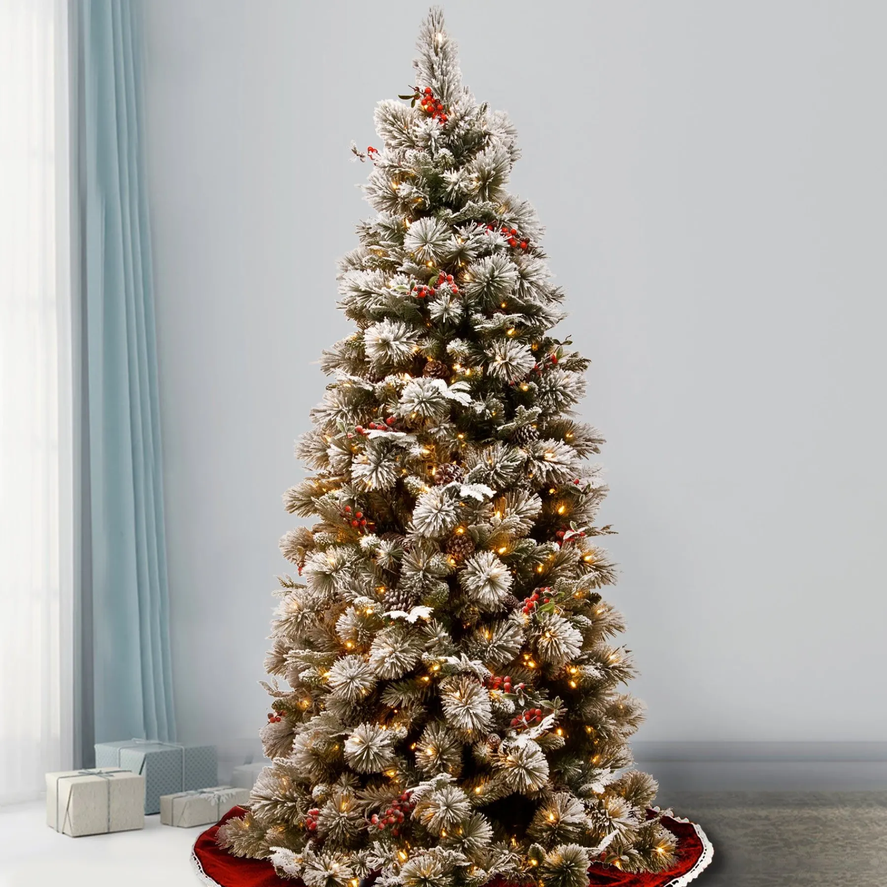 7Ft - 9Ft-National Tree Company 7.5 Ft. Snowy Bedford Slim Pine Tree With Clear Lights