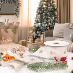 Christmas Accessories-National Tree Company 3" Hgtv Home Collection Dupioni Button Ribbon, White