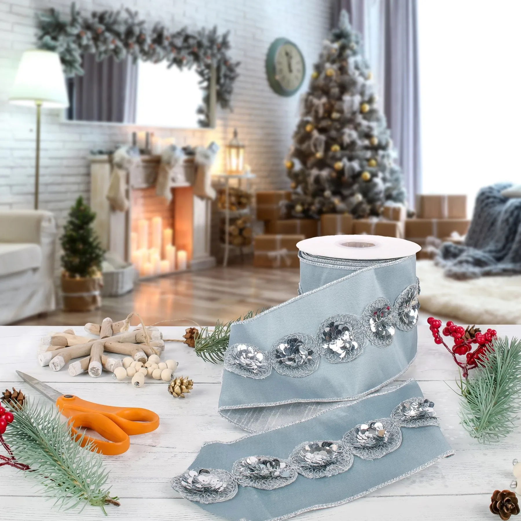 Christmas Accessories-National Tree Company 4" Hgtv Home Collection Sequin Beaded Taffeta Ribbon, Blue