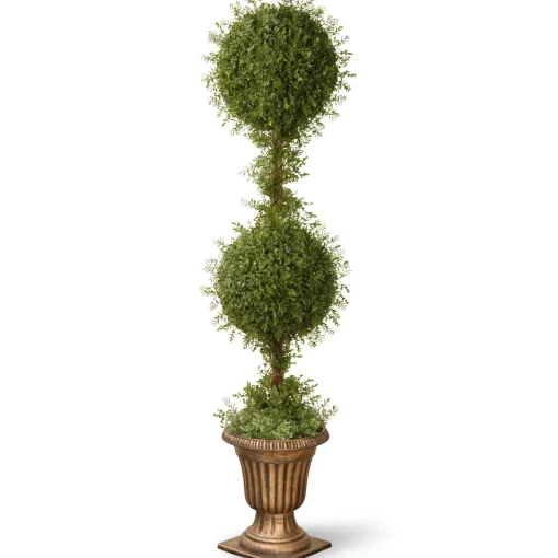 Topiaries / Shurbs-National Tree Company 60" Mini Tea Leaf 2 Ball Topiary With Black And Gold Urn