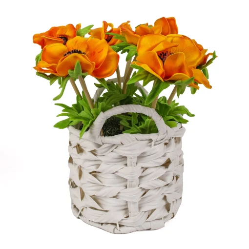 National Tree Company Potted Flower Plants^10" Orange Anemone Flower Bouquet In White Basket