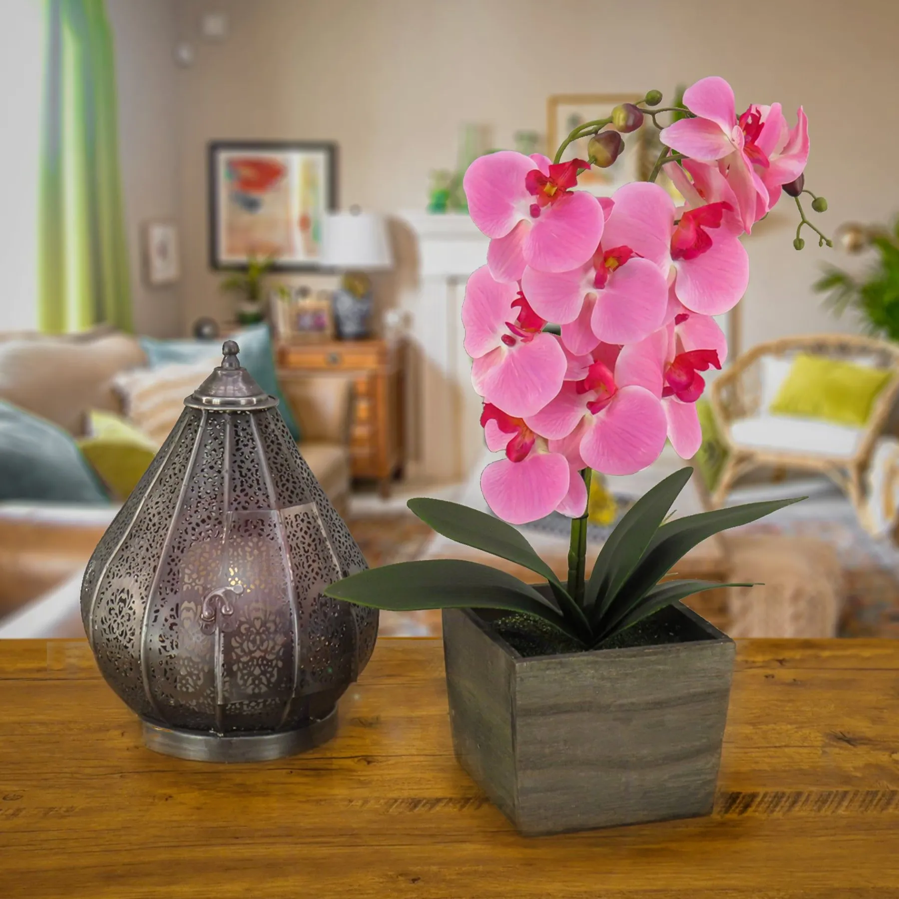 Potted Flower Plants-National Tree Company 21" Pink Orchid Flower In Wood Box