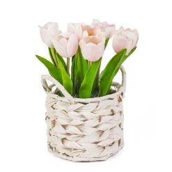 National Tree Company Flower Bouquets^10" Pink Tulip Bouquet In White Basket