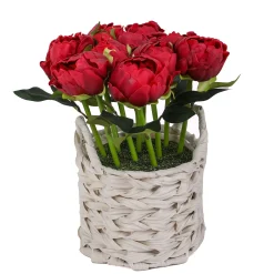 Flower Bouquets-National Tree Company 10" Red Peony Flower Bouquet In White Basket