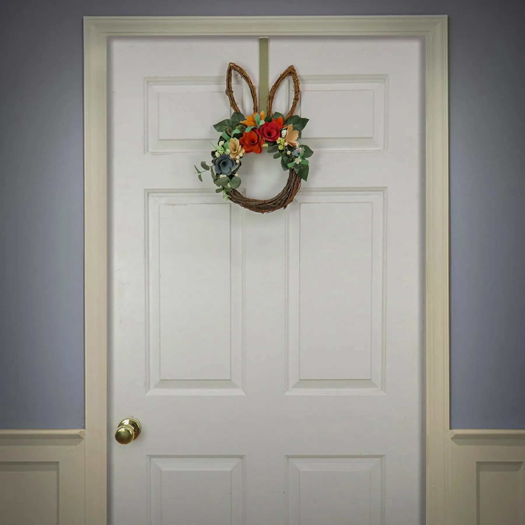 Easter Wreath-National Tree Company Artificial Bunny Shaped Hanging Wreath, Woven Branch Base, Decorated With Colorful Flower Blooms, Berry Clusters, Leafy Greens, Easter Collection, 17 Inches