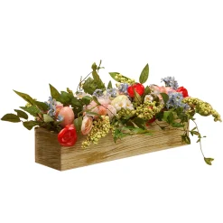 Easter Table Decor-National Tree Company Artificial Candleholder Table Decoration, Wooden Natural Box Base, Decorated With Pink And Red Flower Blooms, Berry Clusters, Pastel Eggs, Holds 3 Pillar Candles, Spring Collection, 20 Inches