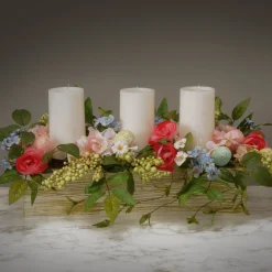 Easter Table Decor-National Tree Company Artificial Candleholder Table Decoration, Wooden Natural Box Base, Decorated With Pink And Red Flower Blooms, Berry Clusters, Pastel Eggs, Holds 3 Pillar Candles, Spring Collection, 20 Inches