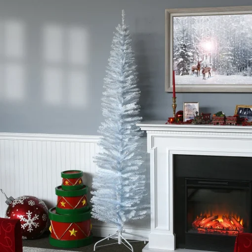 Slim-National Tree Company Artificial Christmas Tree, White Tinsel, Includes Stand, 7 Feet