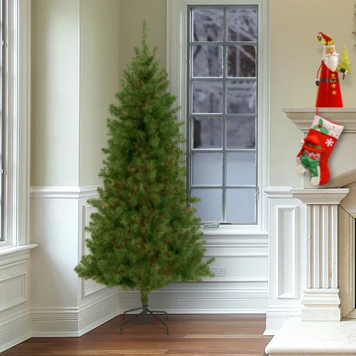 Slim-National Tree Company Artificial Christmas Tree, Canadian Grande Fir, Green, White Lights, Includes Metal Base, 7 Feet
