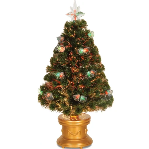 Fiber Optic-National Tree Company Artificial Christmas Tree, Green, Evergreen, Fiber Optic, Decorated With Bells, Includes Base, 3 Feet