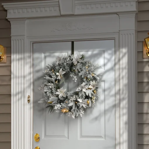 21" To 24" Wreath-National Tree Company Artificial Christmas Wreath, Green, Colonial Fir, White Lights, Decorated With Berry Clusters, Flowers, Frosted Branches, Christmas Collection, 24 Inches