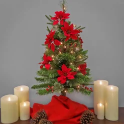 Slim-National Tree Company Artificial Colonial Pencil Slim Hinged Christmas Tree With Berries And Poinsettia Flowers, Pre-Lit With Clear Incandescent Lights, Plug In, 3 Ft