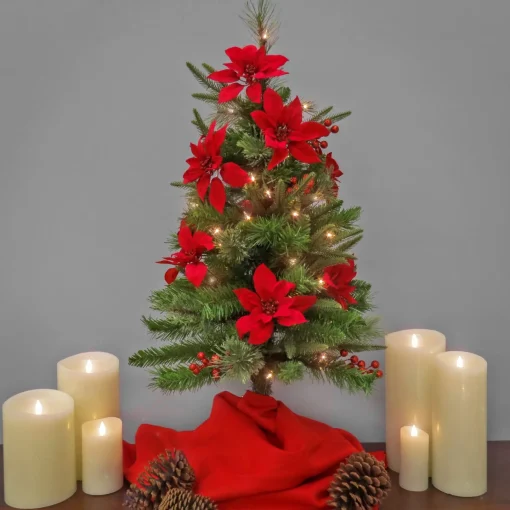 Slim-National Tree Company Artificial Colonial Pencil Slim Hinged Christmas Tree With Berries And Poinsettia Flowers, Pre-Lit With Clear Incandescent Lights, Plug In, 3 Ft