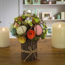 Easter Table Decor-National Tree Company Artificial Floral Bundle, Wooden Branch Base, Decorated With Assorted Flowers, Pastel Eggs, Seed Pods, Wicker, Easter Collection, 8 Inches
