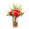 Flower Bouquets-National Tree Company Artificial Flower Bouquet In Glass Vase, Red Roses, Decorated With Leafy Greens, Spring Collection, 12 Inches