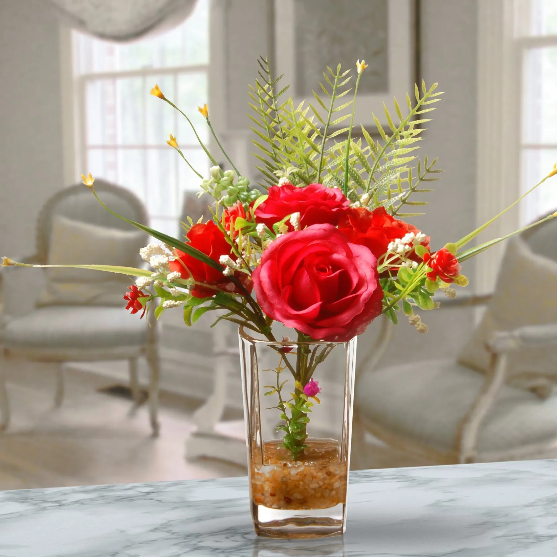Flower Bouquets-National Tree Company Artificial Flower Bouquet In Glass Vase, Red Roses, Decorated With Leafy Greens, Spring Collection, 12 Inches
