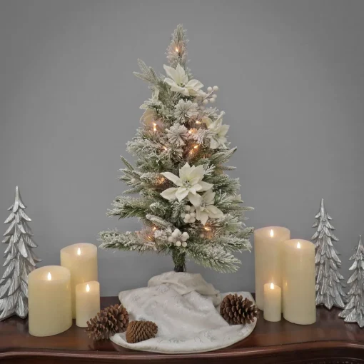 Slim-National Tree Company Artificial Frosted Colonial Pencil Slim Hinged Christmas Tree With Berries And Poinsettia Flowers, Pre-Lit With Clear Incandescent Lights, Plug In, 3 Ft