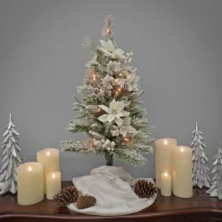 Clear-National Tree Company Artificial Frosted Colonial Pencil Slim Hinged Christmas Tree With Berries And Poinsettia Flowers, Pre-Lit With Clear Incandescent Lights, Plug In, 3 Ft