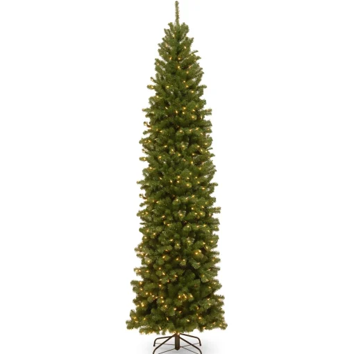 Slim-National Tree Company Artificial Giant Slim Christmas Tree, Green, North Valley Spruce, White Lights, Includes Stand, 10 Feet