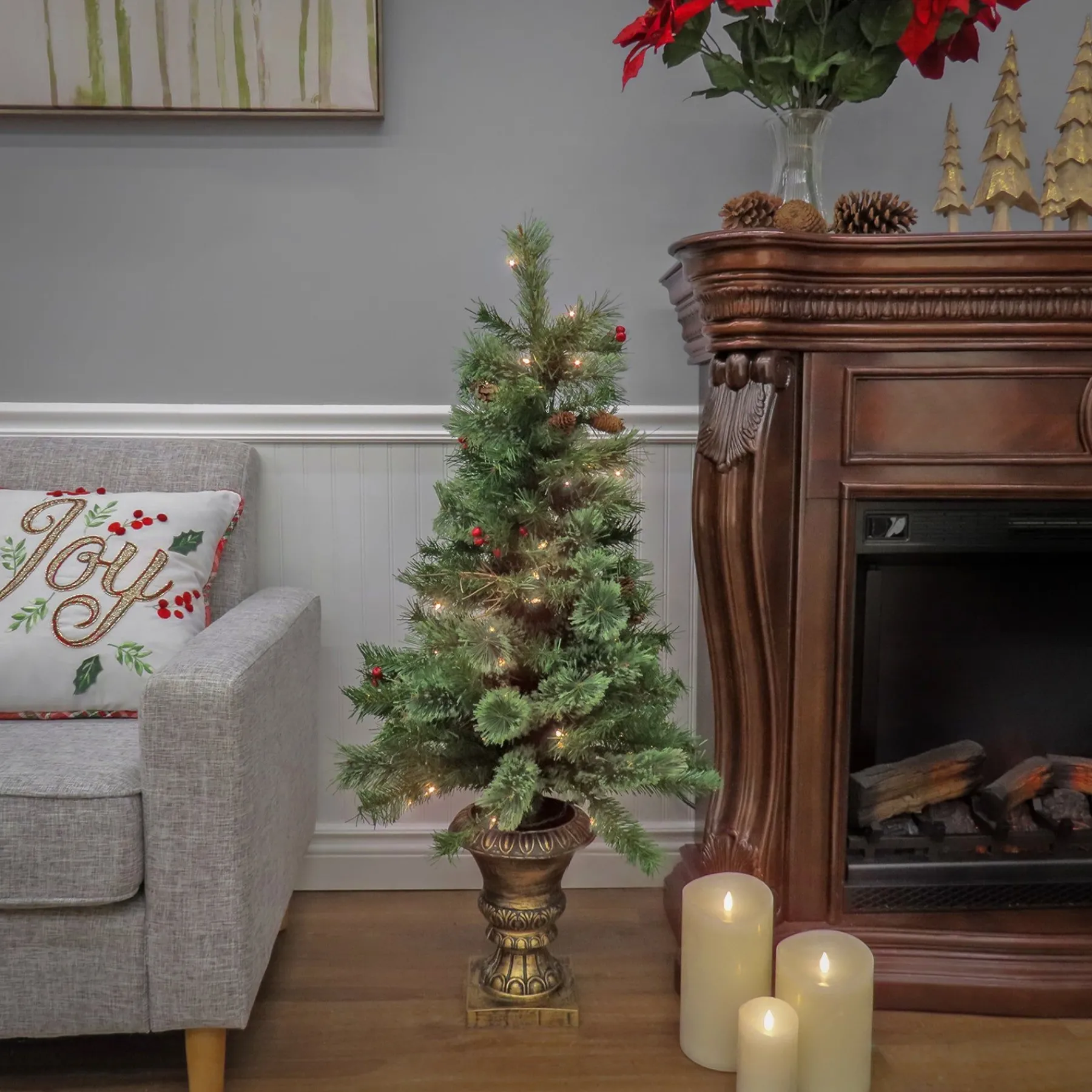 Slim-National Tree Company Artificial Glistening Pine Entrance Christmas Tree With Red Berries And Pinecones, Pre-Lit With Clear Incandescent Lights, Plug In, 4 Ft