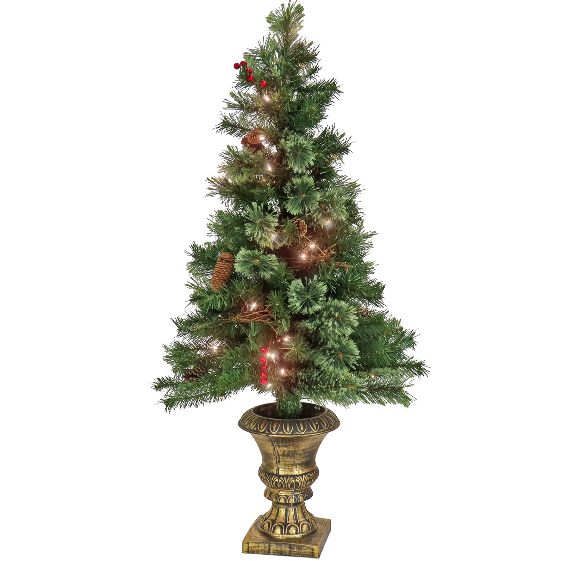 National Tree Company Slim^Artificial Glistening Pine Entrance Christmas Tree With Red Berries And Pinecones, Pre-Lit With Clear Incandescent Lights, Plug In, 4 Ft