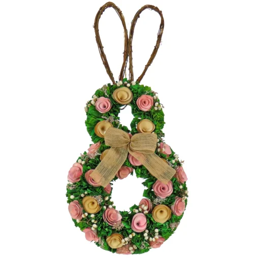 Easter Wreath-National Tree Company Artificial Hanging Bunny Silhouette, Decorated With Green, Pink And Yellow Flowers, Leafy Greens, Includes Wicker Ears, Easter Collection, 20 Inches