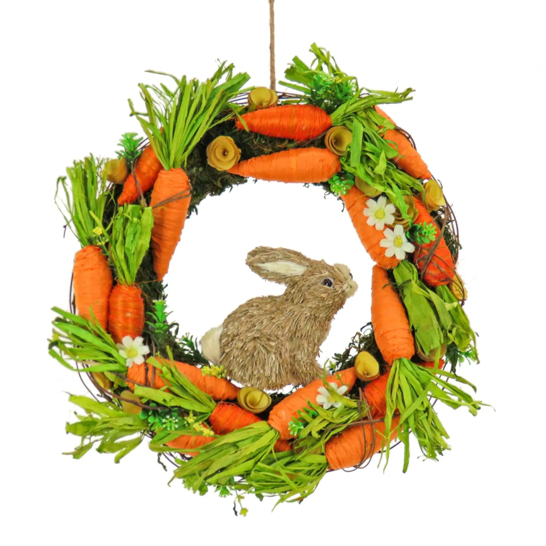 Easter Wreath-National Tree Company Artificial Hanging Wreath, Foam Grassy Base, Decorated With Carrots, Flower Blooms, Bunny, Easter Collection, 15 Inches