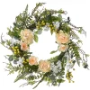Flower Wreaths-National Tree Company Artificial Hanging Wreath, Woven Branch Base, Decorated Pink And White Flower Blooms, Yellow Berry Clusters, Fern Fronds, Spring Collection, 20 Inches