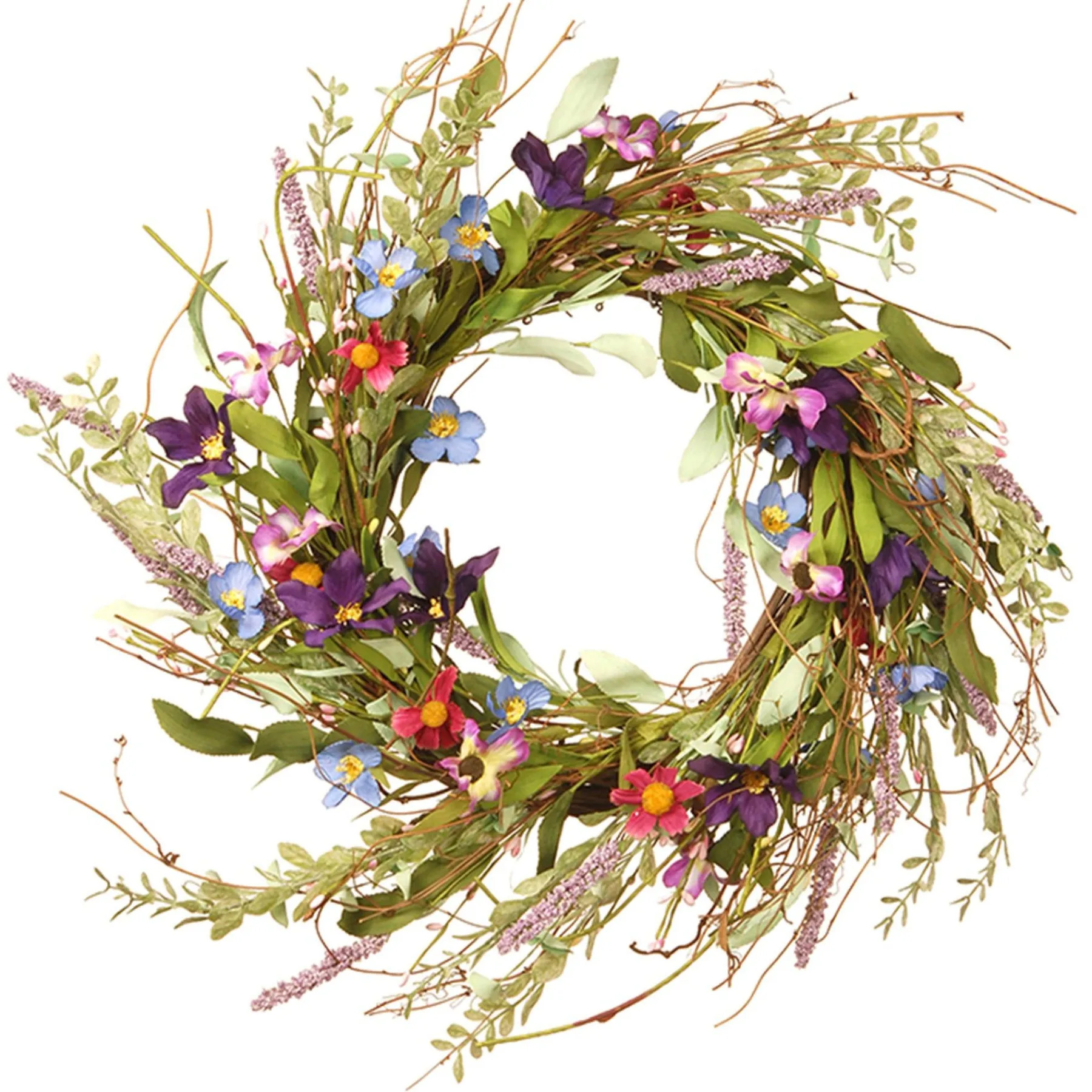 Flower Wreaths-National Tree Company Artificial Hanging Wreath, Vine Stem Base, Decorated With Blue, Red And Pink Mixed Flower Blooms, Flowing Green Stems, Seed Pods, Spring Collection, 20 Inches