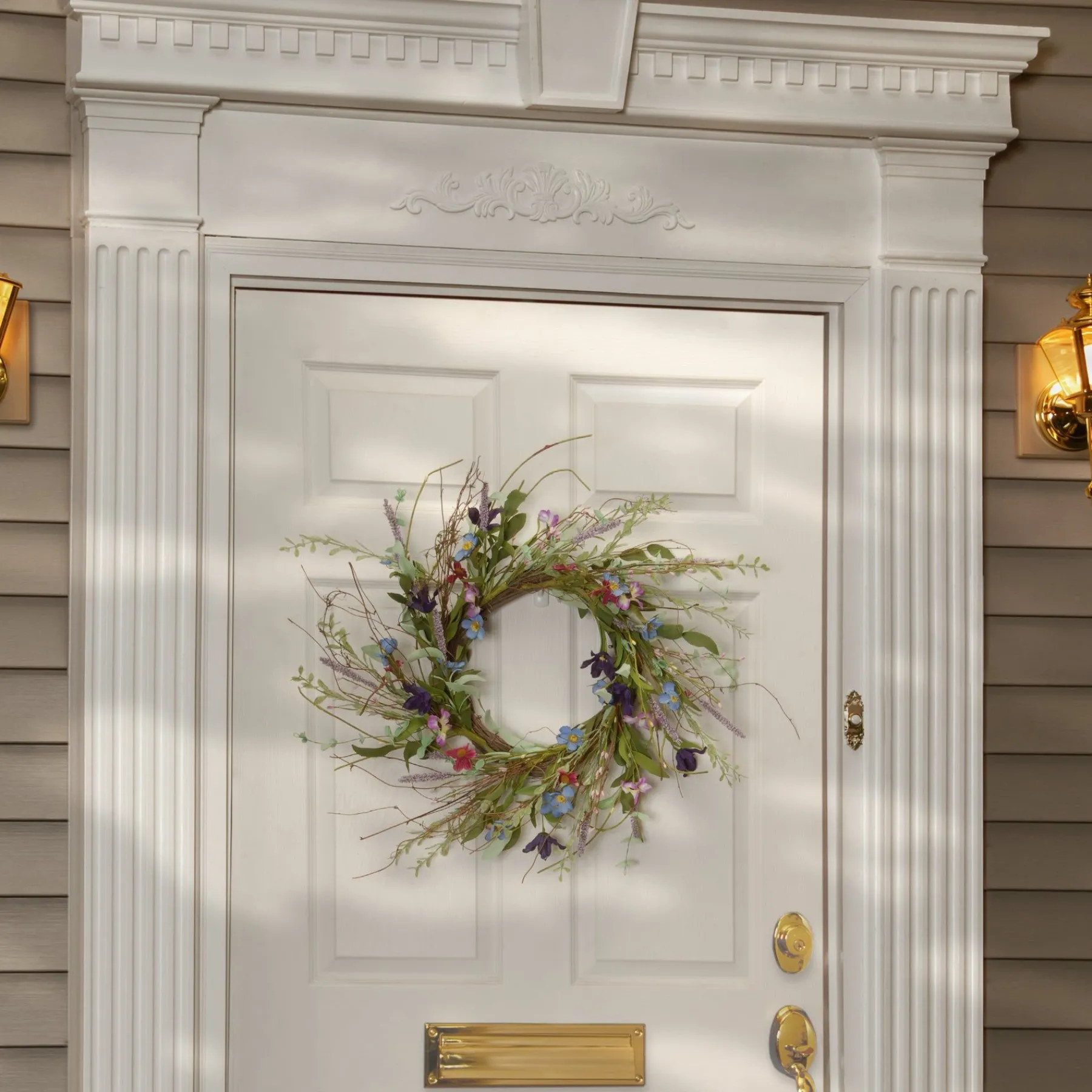 Flower Wreaths-National Tree Company Artificial Hanging Wreath, Vine Stem Base, Decorated With Blue, Red And Pink Mixed Flower Blooms, Flowing Green Stems, Seed Pods, Spring Collection, 20 Inches