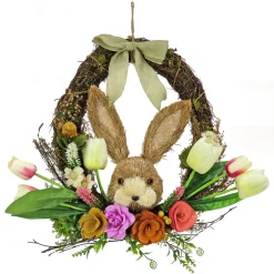 Easter Wreath-National Tree Company Artificial Hanging Wreath, Woven Branch Base, Decorated With Multicolor Flower Blooms, Tulips, Leafy Greens, Bunny Head, Easter Collection, 16 Inches