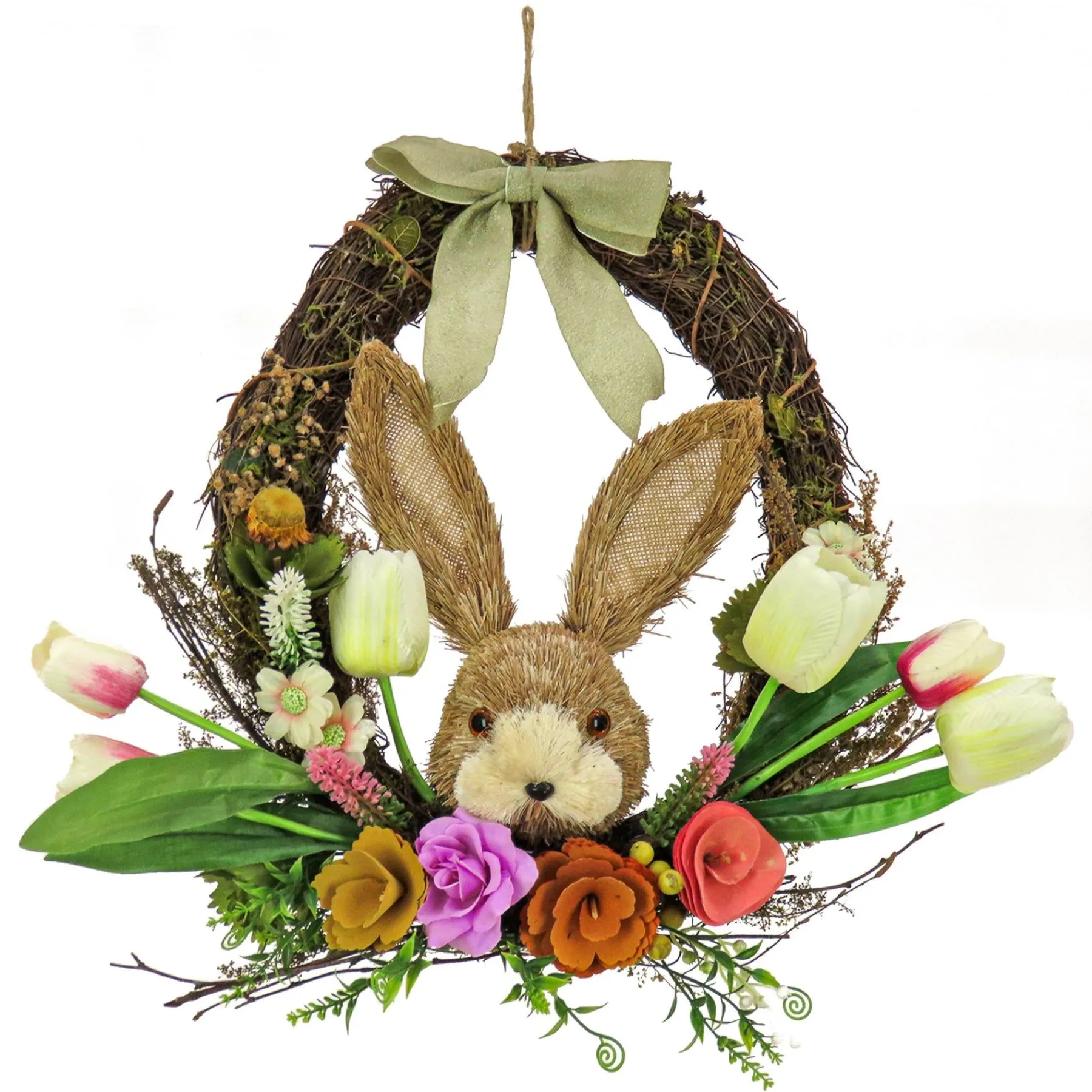 Easter Wreath-National Tree Company Artificial Hanging Wreath, Woven Branch Base, Decorated With Multicolor Flower Blooms, Tulips, Leafy Greens, Bunny Head, Easter Collection, 16 Inches