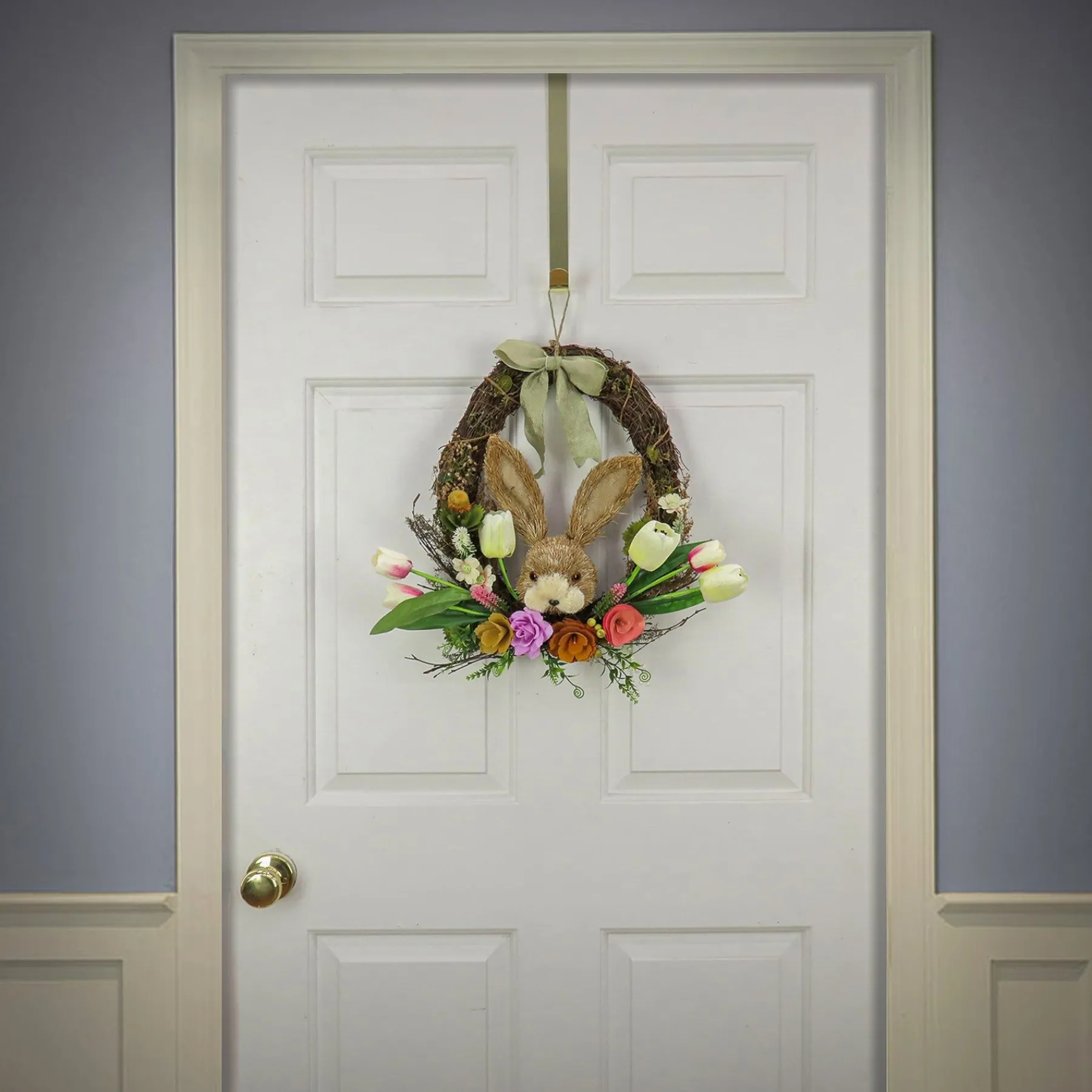 Easter Wreath-National Tree Company Artificial Hanging Wreath, Woven Branch Base, Decorated With Multicolor Flower Blooms, Tulips, Leafy Greens, Bunny Head, Easter Collection, 16 Inches