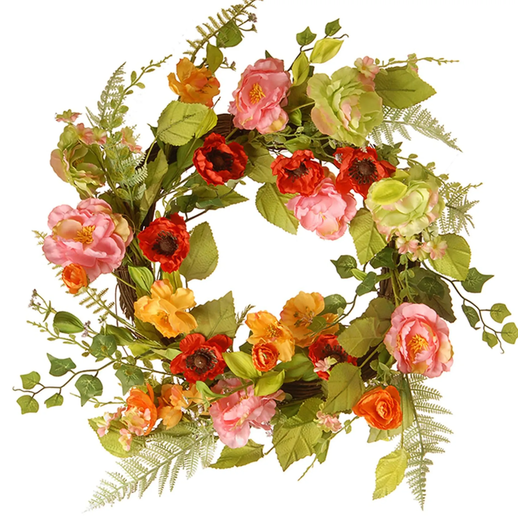 Flower Wreaths-National Tree Company Artificial Hanging Wreath, Woven Branch Base, Decorated With Assorted Flowers, Fern Fronds, Leafy Greens, Spring Collection, 22 Inches