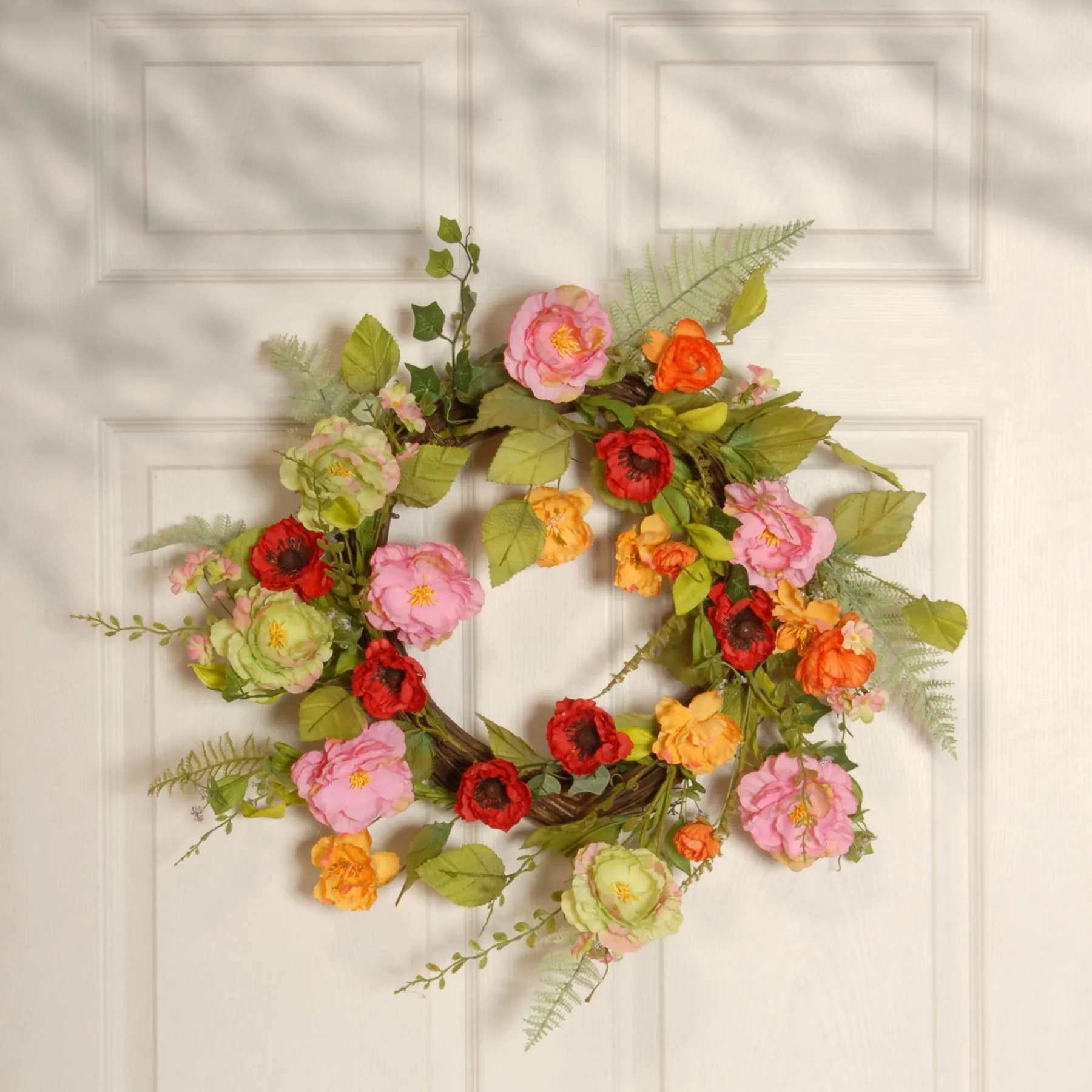 Flower Wreaths-National Tree Company Artificial Hanging Wreath, Woven Branch Base, Decorated With Assorted Flowers, Fern Fronds, Leafy Greens, Spring Collection, 22 Inches