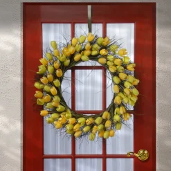 Flower Wreaths-National Tree Company Artificial Hanging Wreath, Woven Branch Base, Decorated With Yellow Tulip Blooms, Flowing Green Stems, Spring Collection, 32 Inches