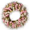 Flower Wreaths-National Tree Company Artificial Hanging Wreath, Woven Branch Base, Decorated With Pink And White Tulips, Flowing Green Stems, Spring Collection, 21 Inches