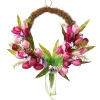 Flower Wreaths-National Tree Company Artificial Hanging Wreath, Woven Branch Base, Decorated With Pink And Purple Tulip Blooms, Green Ribbon, Leafy Greens, Spring Collection, 20 Inches