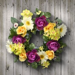 Flower Wreaths-National Tree Company Artificial Hanging Wreath, Vine Stem Base, Decorated With Colorful Daisies, Hydrangeas, Roses, Leafy Greens, Spring Collection, 18 Inches