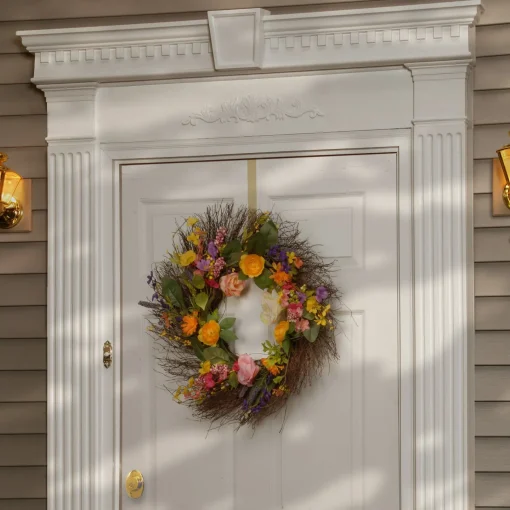 Flower Wreaths-National Tree Company Artificial Hanging Wreath, Woven Branch Base, Decorated With Flower Blooms, Berry Clusters, Leaves, Spring Collection, 24 Inches