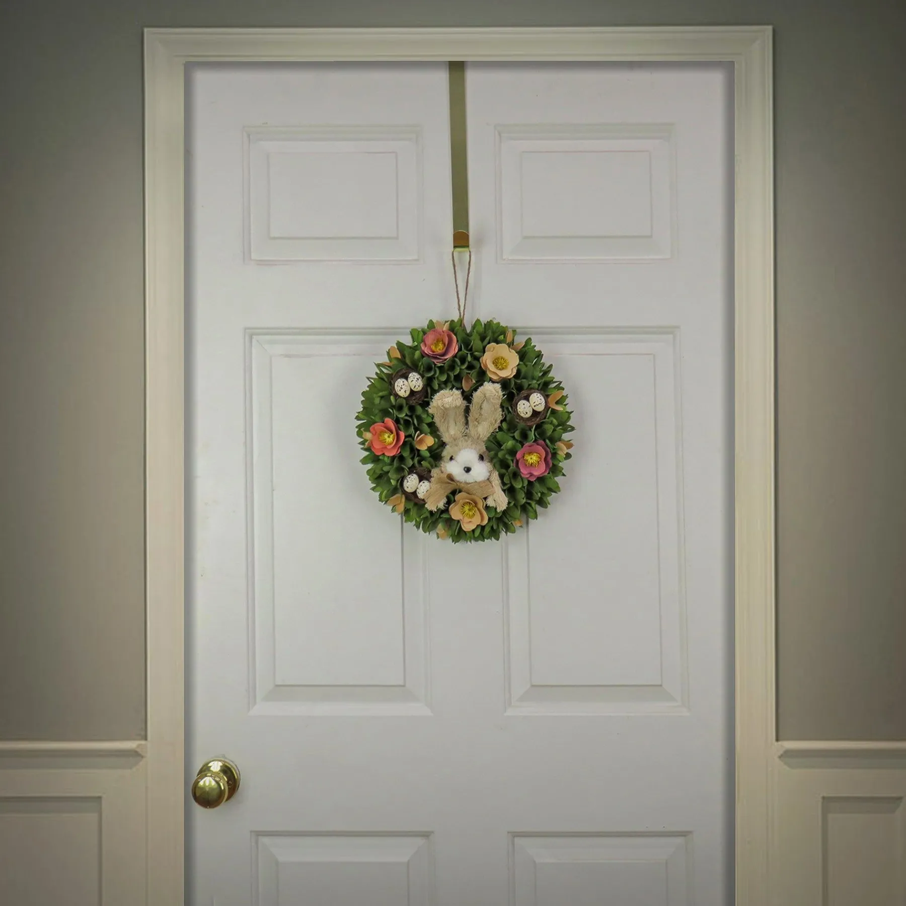 Easter Wreath-National Tree Company Artificial Hanging Wreath, Foam Ring Base, Decorated With Colorful Flower Blooms, Pastel Eggs, Bunny, Easter Collection, 13 Inches