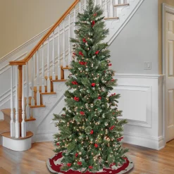 7Ft - 9Ft-National Tree Company Artificial Meadowlark Pencil Hinged Christmas Tree, Pre-Lit With Clear Incandescent Lights, Plug In, 7.5 Ft