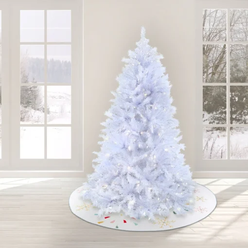 7Ft - 9Ft-National Tree Company Artificial Millville White Hinged Christmas Tree, Pre-Lit With Powerconnect Dual Colored Led Lights, Plug In, 7.5 Ft