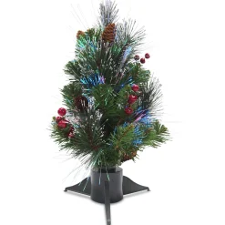 Full-National Tree Company Artificial Mini Christmas Tree, Green, Crestwood Spruce, Fiber Optic, Decorated With Pine Cones, Berry Clusters, Frosted Branches, Includes Stand, 18 Inches